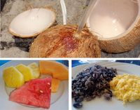 Agua de coco, pi&ntilde;a, papaya y mel&oacute;n, Desayuno tradicional